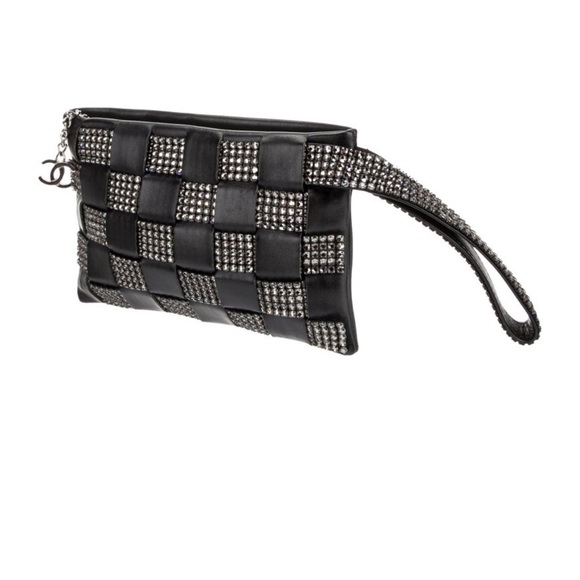 RARE CHANEL Leather Woven Strass Black Checkered Clutch Wristlet Vintage Evening - Picture 11 of 13